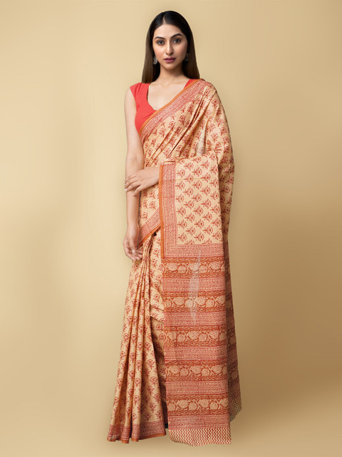 

Unnati Silks Cream-Coloured & Brown Ethnic Motifs Pure Cotton Sustainable Kasavu Saree