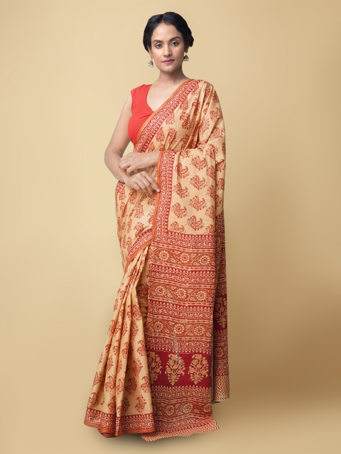 

Unnati Silks Tan & Orange Ethnic Motifs Pure Cotton Kasavu Saree