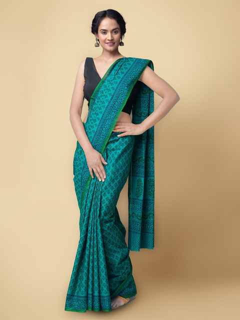 

Unnati Silks Sea Green & Blue Ethnic Motifs Pure Cotton Sustainable Kasavu Saree