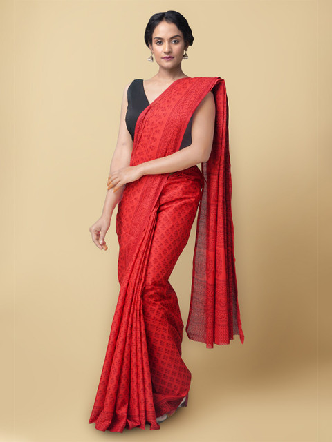 

Unnati Silks Red & Maroon Ethnic Motifs Pure Cotton Sustainable Kasavu Saree