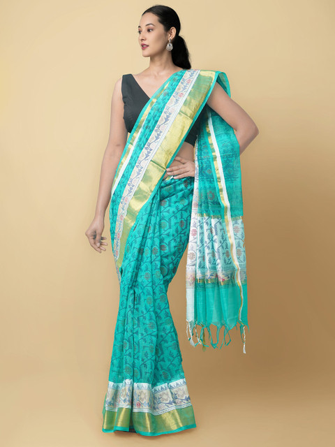 

Unnati Silks Green & Blue Ethnic Motifs Silk Cotton Sustainable Banarasi Saree