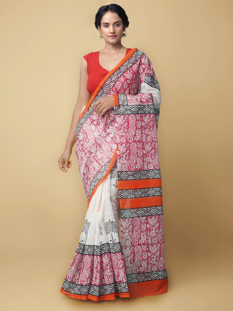 

Unnati Silks Cream-Coloured & White Floral Pure Cotton Sustinable Kasavu Saree