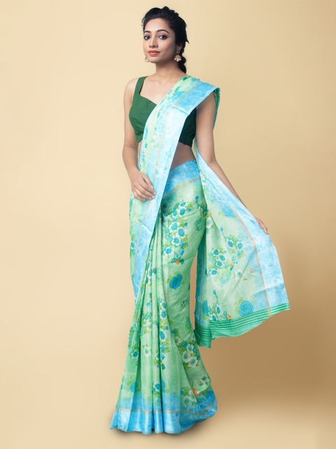 

Unnati Silks Green & Blue Floral Organza Kota Sustainable Saree