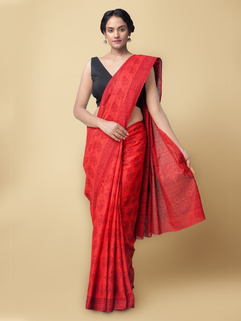 

Unnati Silks Red Ethnic Motifs Pure Cotton Sustainable Kasavu Saree