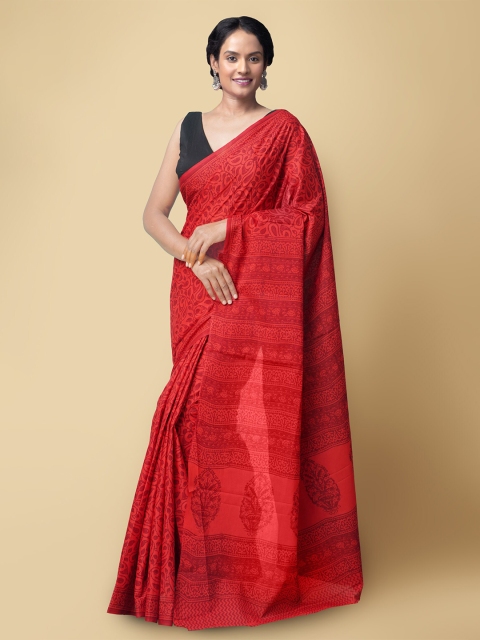 

Unnati Silks Women Red Pure Block Printed Kerala Cotton Saree