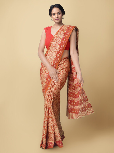 

Unnati Silks Brown & Red Ethnic Motifs Pure Cotton Sustainable Kasavu Saree