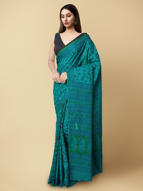 

Unnati Silks Teal & Green Ethnic Motifs Pure Cotton Sustainable Kasavu Saree