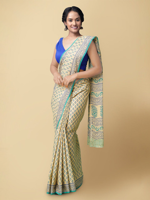 

Unnati Silks Beige & Green Ethnic Motifs Pure Cotton Sustainable Kasavu Saree
