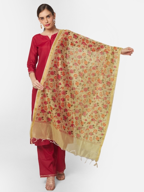 

Dupatta Bazaar Yellow & Green Printed Chanderi Dupatta