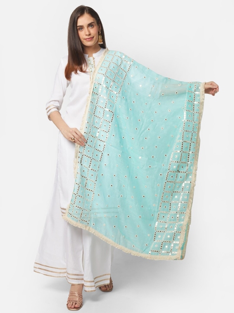 

Dupatta Bazaar Turquoise Blue & Gold-Toned Mirror Work Embroidered Dupatta