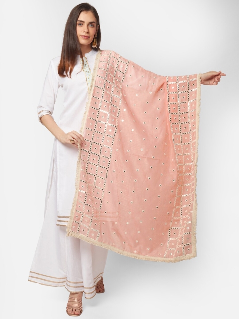

Dupatta Bazaar Peach-Coloured & Silver-Toned Ethnic Motifs Embroidered Dupatta