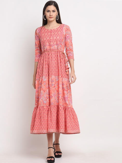 

Ardozaa Women Peach-Coloured Floral Screen Print Midi Tiered Dress