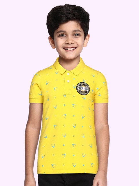 

Allen Solly Junior Boys Yellow & Blue Brand Logo Print Polo Collar Applique Detail T-shirt
