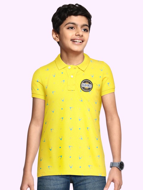 

Allen Solly Junior Boys Yellow & Blue Brand Logo Print Polo Collar Applique Detail T-shirt