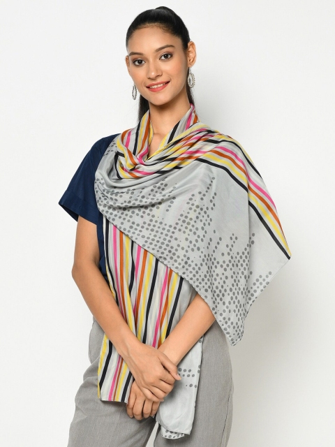 

Fabindia Women Grey & Yellow Striped Printed Modal Stole