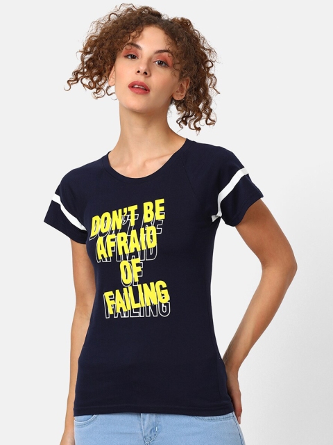 

V2 Value & Variety Women Navy Blue and Yellow Typography Printed Top