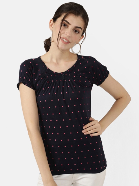 

V2 Value & Variety Women Navy Blue and Pink Polka Dot Printed Regular Top