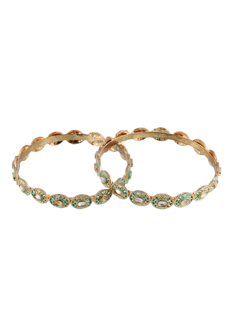 

Adwitiya Set Of 2 Gold-Plated White Stone-Studded Green Enameled Handcrafted Bangles