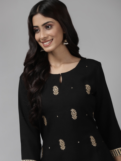 

Indo Era Women Black Geometric Embroidered Keyhole Neck Organic Cotton Organic Cotton Kurta