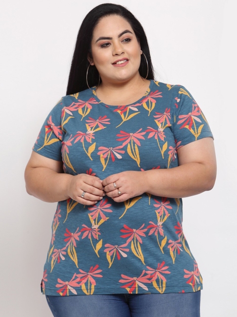 

plusS Women Teal & Pink Floral Printed T-shirt (Plus Size)