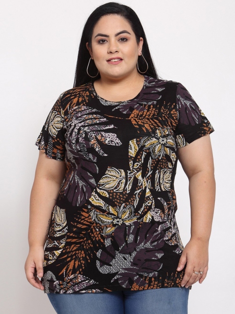 

plusS Women Black & Brown Tropical Printed T-shirt (Plus Size)