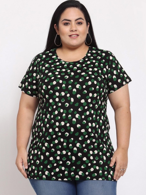 

plusS Women Black & Green Printed T-shirt (Plus Size)