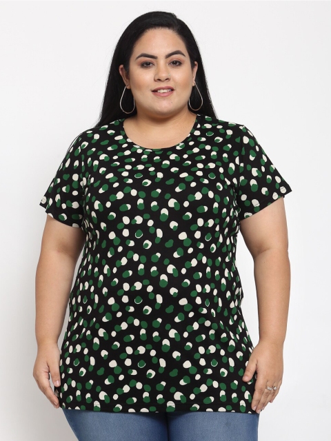 

plusS Women Black & Green Printed T-shirt (Plus Size)