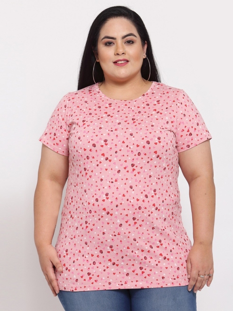 

plusS Women Pink & Red Printed T-shirt (Plus Size)