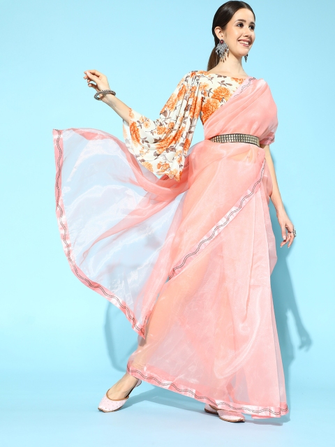 

Tikhi Imli Solid Organza Saree with Embellished Border, Pink