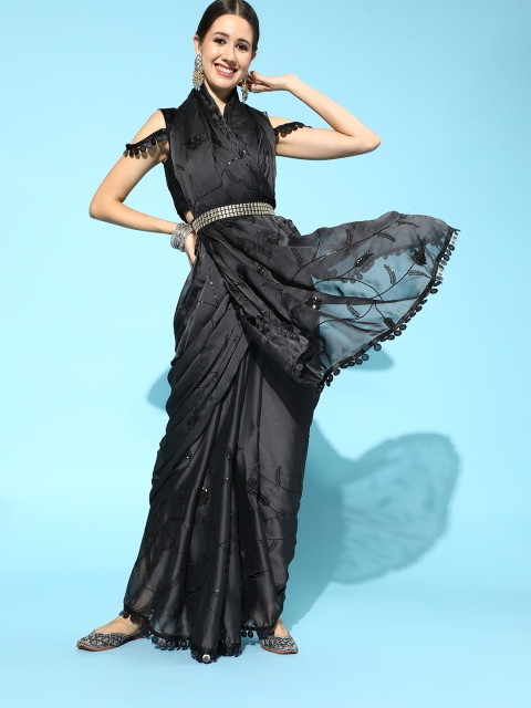 

Tikhi Imli Solid Polyester Saree with Embellished Border, Black