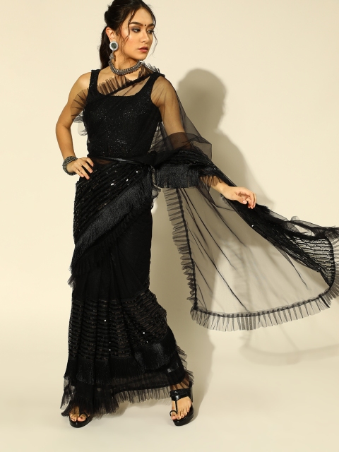 

Tikhi Imli Striped Net Saree with Embellished Border, Black