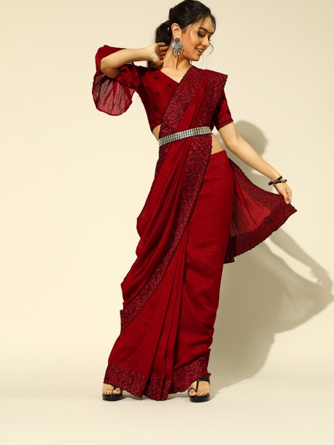 

Tikhi Imli Solid Polyester Saree with Embroidered Border, Red