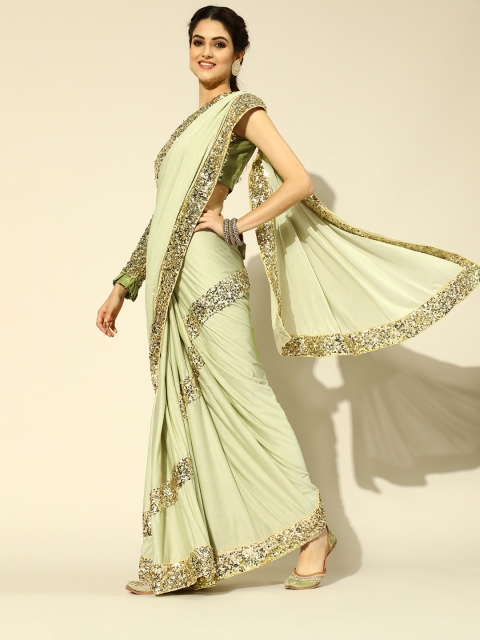 

Tikhi Imli Solid Polyester Saree with Embellished Border, Green
