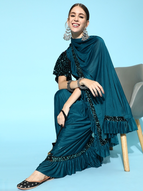 

Tikhi Imli Solid Polyester Saree with Embellished Border, Teal