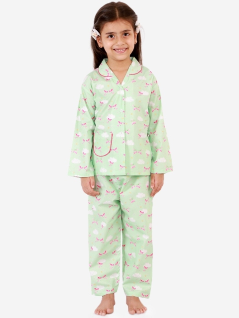 

KID1 Girls Green & Pink Printed Night suit