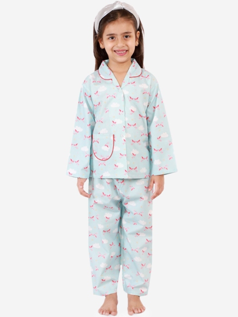 

KID1 Girls Turquoise Blue & Pink Printed Pure Cotton Night suit