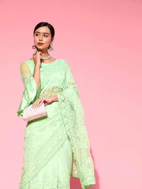 

Tikhi Imli Floral Saree with Woven Design border, Sea green