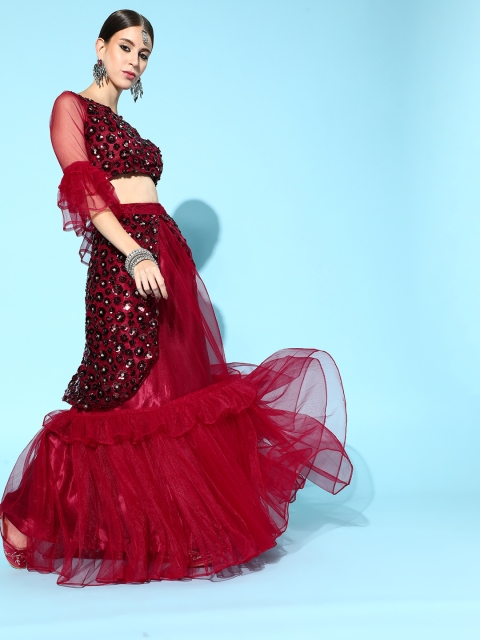 

Tikhi Imli Women Maroon Embellished Semi-Stitched Lehenga & Unstitched Blouse With Dupatta