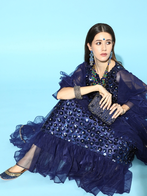 

Tikhi Imli Women Navy Blue Semi-Stitched Tiered Lehenga & Unstitched Blouse With Dupatta