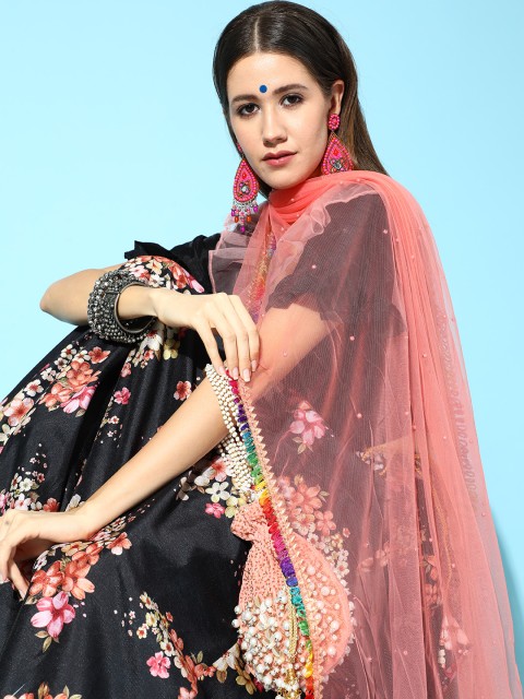 

Tikhi Imli Women Black & Peach-Coloured Printed Semi-Stitched Lehenga & Blouse & Dupatta