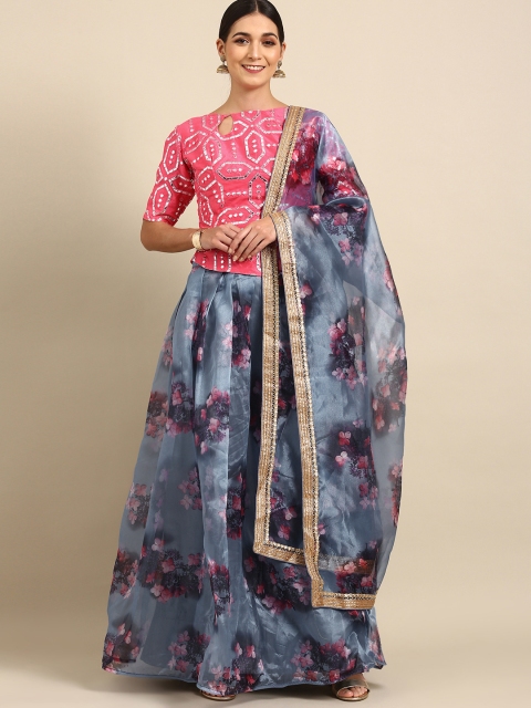 

Tikhi Imli Grey & Pink Embellished Mirror Work Ready to Wear Lehenga & Semi-Stitched Blouse With Dupatta