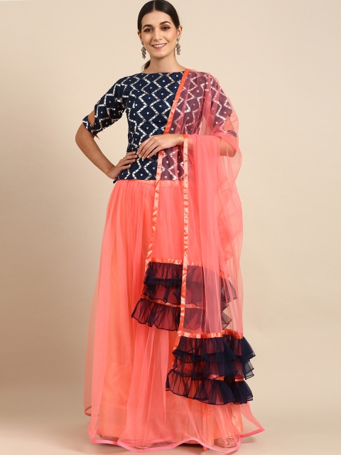 

Tikhi Imli Coral & Navy Blue Embellished Ready to Wear Lehenga & Semi-Stitched Blouse With Dupatta