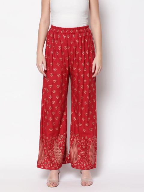 

V2 Value & Variety Women Maroon & Gold Ethnic Motifs Printed Wide-leg Knitted Palazzos