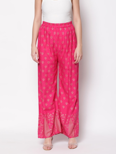 

V2 Value & Variety Women Pink & Gold Ethnic Motifs Printed Wide-leg Knitted Palazzos