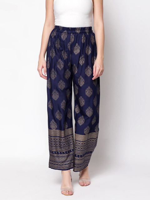 

V2 Value & Variety Women Navy Blue & Gold Ethnic Motifs Printed Wide-leg Knitted Palazzos
