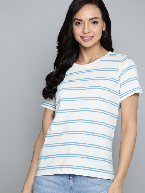 

Mast & Harbour Women White & Blue Pure Cotton Striped T-shirt