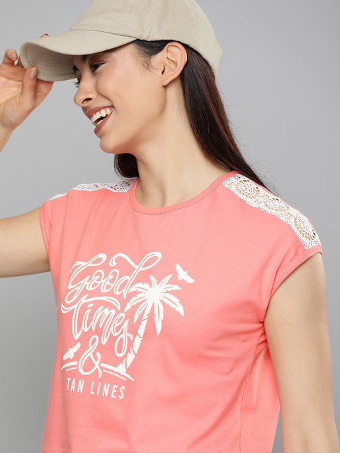 

Mast Harbour Women Pink White Typography Printed Pure Cotton T-shirt