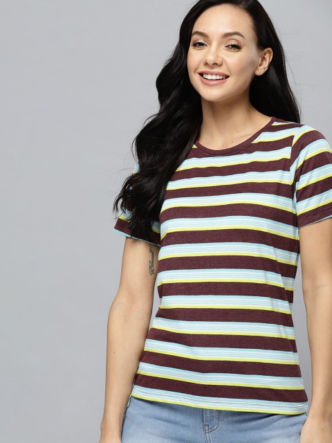 

Mast Harbour Women Burgundy Blue Pure Cotton Striped Pure Cotton T-shirt