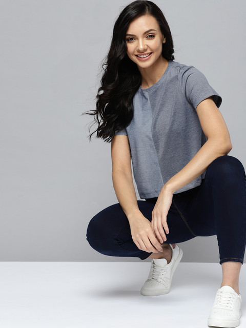 

Mast & Harbour Women Charcoal Grey Pure Cotton Colourblocked T-shirt