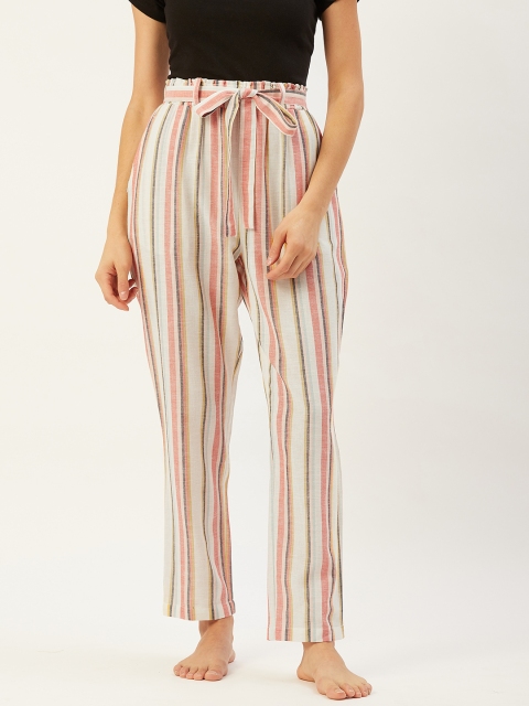

Magnetic Designs Women White & Pink Striped Lounge Pants with Belt